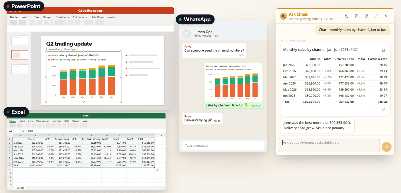 An Ask Cheet chart pasted into PowerPoint and WhatsApp, and its table pasted into Excel