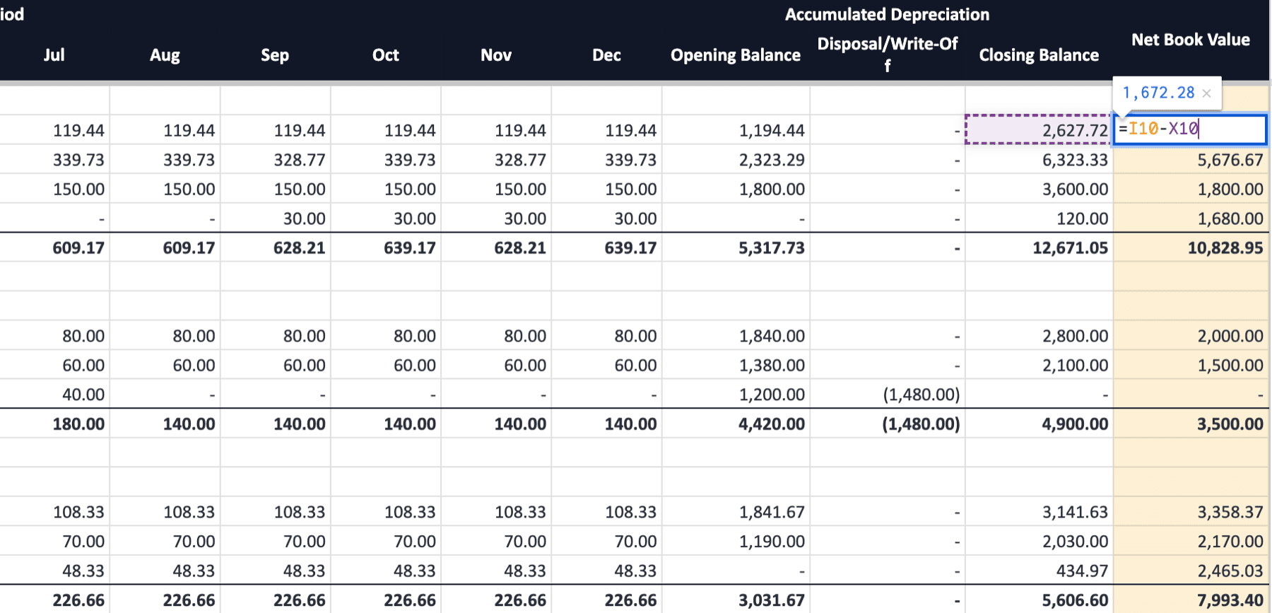 Fixed asset movement schedule by class generated from Xero, with live closing balance and net book value formulas