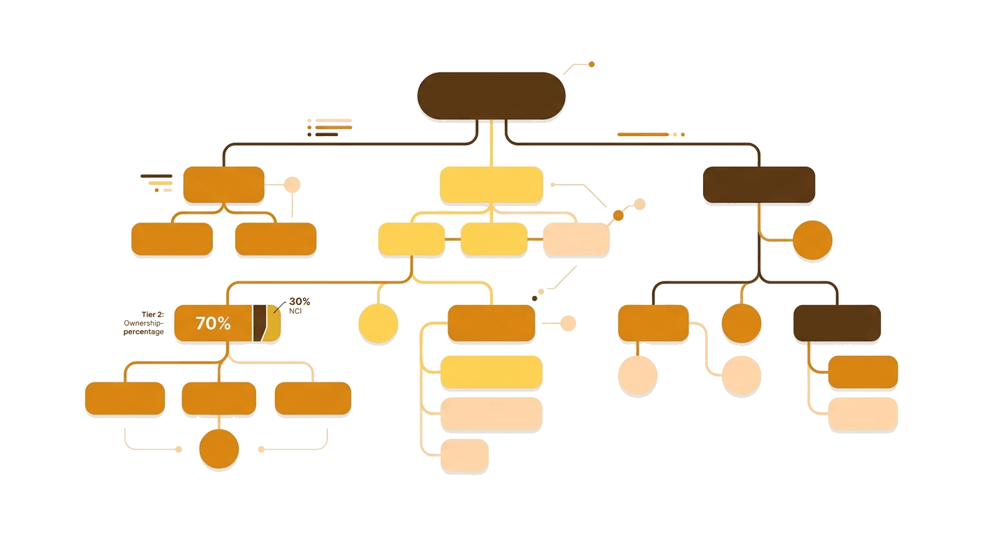 Custom group structure with sub-groups, holding tiers and partial ownership
