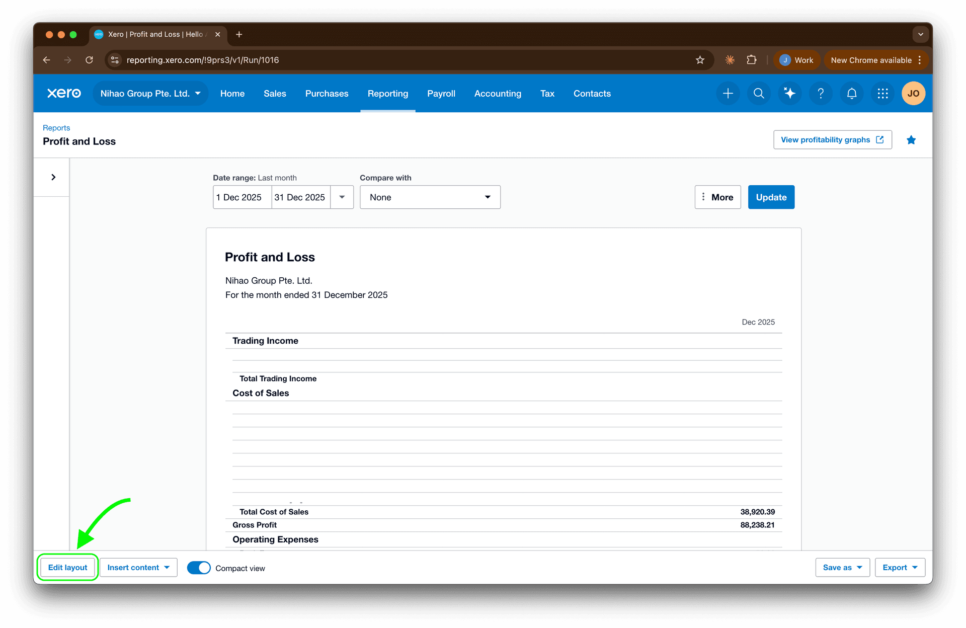 Xero Report Edit Layout Button